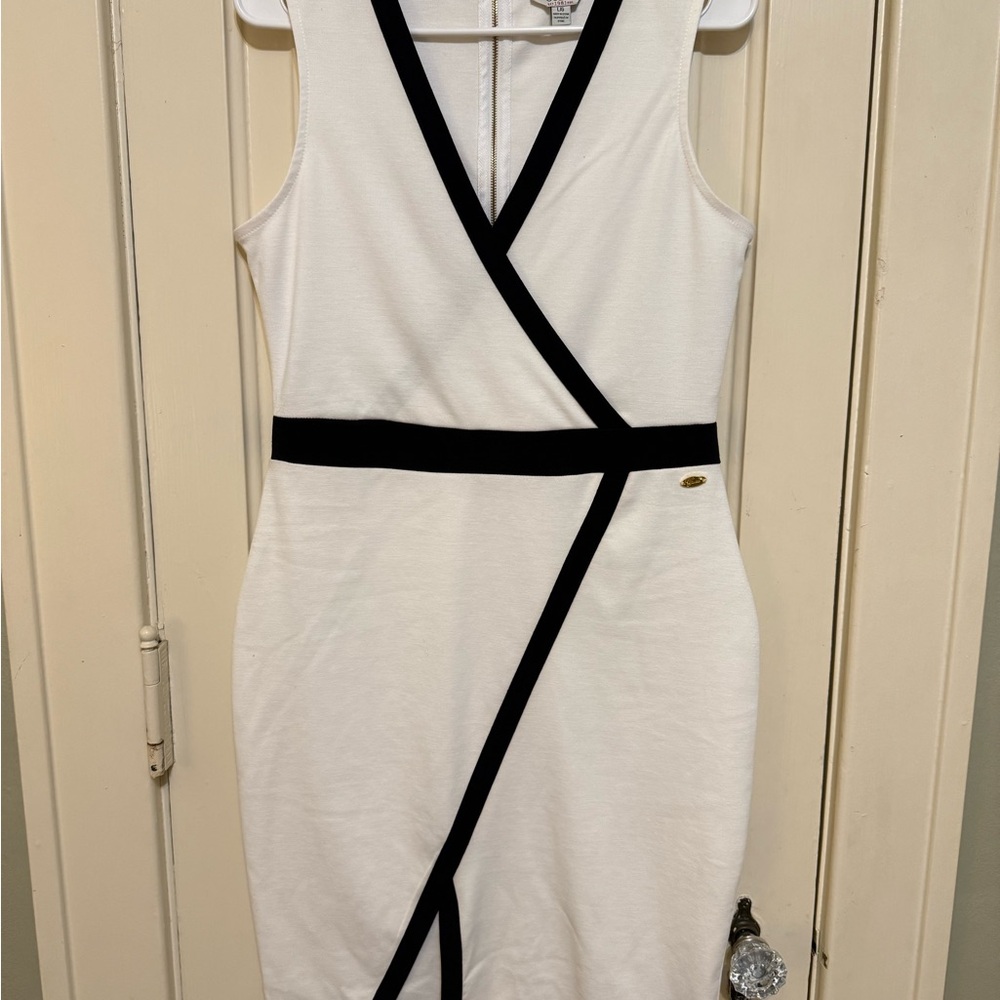 White and Black Sleeveless V Neck Dress